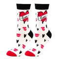 White cotton mid-tube socks with red heart patterns and love text for Valentine gift - Black White Hearts