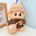 Labubu doll in dark brown knit sweater and beige hat with a heart crossbody bag - Japanese-style Handmade Brown And Gray Three-piece Set / First And Second Generation Keychains Are Compatible With La Cloth Dolls. Dolls Not Included.