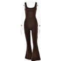 Detailed front view of brown sleeveless backless bodysuit with flared legging style - S / Brown