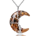 Silver crescent moon necklace with brown tiger eye stone tree of life resin pendant - Tiger Eye Necklace-Silver Chain