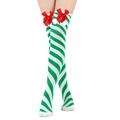 Calze natalizie sopra il ginocchio a righe verdi con fiocco rosso e pompon bianchi - Taglia unica / Righe Diagonali Verde e Bianco/Pon Pon Rosso