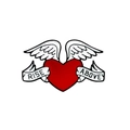 Spilla a cuore in smalto con ali d'angelo e stendardo Rise Above su sfondo bianco - Cuore Alato RISE ABOVE