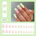 French tip coffin nails set with light pink and green patchwork design plus 24 nail tips - Mid-Long Square French Color Block / Pure Desire Simple Green (Glue Type)