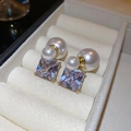 Macro shot of 18k gold plated square zircon and pearl earrings on velvet jewelry box - 18K Gold Plated Silver Pin Pearl Square Zircon Earrings (HE25116)