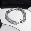 Polished silver layered chain bracelet for men with sparkling cross pendant and clasp - High Street Layered Cross Pendant Bracelet