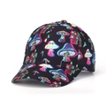 Detail of black baseball cap with vibrant colorful cartoon mushroom print on fabric - Black Background Colorful Mushroom Style (53#)
