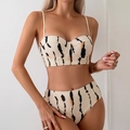Ensemble bikini trois pièces avec taille haute et imprimé tigre en beige et noir - L / Ensemble de Bikini / Rayures Abstraites