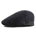 Washed dark grey denim newsboy cap with vintage metal buckle and decorative stitching - Striped Black