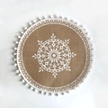 Round woven jute placemat in brown with white mandala embroidery and pom pom fringe edge - Pom Pom Decor Style 2 / 38cm / White