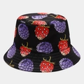 Detailed close-up of a black cotton bucket hat featuring vivid strawberry and berry patterns - Black Base Strawberry Mulberry Print (9# Color)