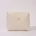 Quilted floral makeup bag in beige cotton fabric with purple flower pattern and metal zipper - Polka Dot Floral Medium Cosmetic Bag