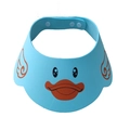 Sky blue baby shower cap with cartoon duck design and adjustable buttons for ear protection - Duck Bath Hat Blue