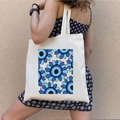 White canvas tote bag featuring a blue graffiti Greek Evil Eye graphic print on the front - STD1804-K Mandala Geometric Eye