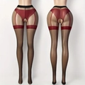 Dettaglio dei collant aperti rosso-neri con reggicalze finto e design a perizoma - Taglia unica (45-75kg) / Nero con bordo rosso