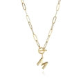 Detailed view of golden paperclip chain with letter M pendant and toggle clasp - Letter M