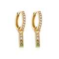 Detail of 18K gold plated huggie earrings with white zircon paving and green gemstone drop - Green Zirconia Bar