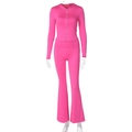 Full view of pink two-piece tracksuit featuring a hooded zip-up jacket and flared pants - XS / Rose Red