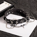 Punk black leather choker with metal cross fringe, silver chain tassels and spikes - Gunmetal