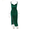 Elegant emerald green velvet slip dress with cowl neck and side slit detail - S / Green