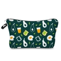 Detail view of avocado cartoon patterns on a waterproof green polyester makeup bag - Avocado Breakfast-Green