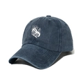 Vintage washed navy blue baseball cap with white butterfly flame embroidery - Navy Blue