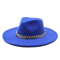 Royal blue wool fedora hat with wide brim and decorative gold chain for women - M (56-58cm) / Blue
