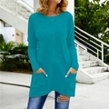 Women's cyan long sleeve tunic top with front pockets and slim fit design - Teal