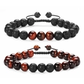 8mm Red Tiger Eye and Lava Stone braided adjustable beaded couple bracelet set - Red Tiger Eye Bracelet Set