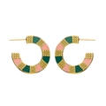 Detailed macro view of gold-plated C-shaped hoop earrings with colorful enamel and dot texture - Multicolor Green & Pink