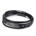Pulsera de cuero negro multicapa con placa metálica rectangular y cierre magnético seguro - Negro