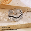 Adjustable silver stainless steel ring with black enamel wave inlay on stone pedestal - Irregular Design Ring