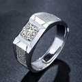 Men's silver ring with round sparkling stone and frosted finish on a dark texture - Platinum [precision] Ljz-116 / Adjustable Open