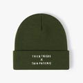 Deep green knit beanie featuring white THICK THIGHS X THIN PATIENCE text embroidery - One Size / Army Green