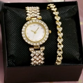 Women's gold wrist watch and rhinestone bracelet set in a black jewelry gift box - 902 Gold Watch + Bracelet + Box