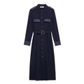 Robe chemise bleu foncé à manches longues avec empiècements satin et ceinture D-ring - XS / Bleu foncé