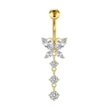 Golden butterfly belly button ring with sparkling zircon stones and three-gem tassel drop - Gold Butterfly