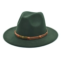 Detail of dark green fedora with brown woven band and bronze skull buckle accessory - M (56-58cm) / Dark Green
