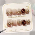 Cat eye gradient fake nails with red gems and rhinestones on a white display card - XS / Glue Type