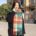 Winter plaid scarf in green, orange, and white with fringe, cashmere-like soft texture - Green Tangerine