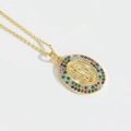 Vintage golden necklace with oval Virgin Mary pendant surrounded by colorful gemstones - Oval Rainbow Zirconia Mary