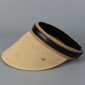 Détail d'un chapeau de paille à large bord avec bordure en cuir noir et boucle dorée - M(56-58cm) / Noir