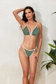 Detail view of olive green textured bikini showing white trim and tie-side straps - S / Green with White Trim