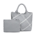 Grey woven tote bag and clutch set with white diagonal stripes and top handles - Glacier Grey