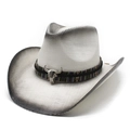 White straw western cowboy hat with black gradient edge and silver bull skull ornament - M (56-58cm) / Black and White