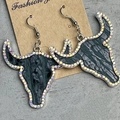 Western style bull head earrings with green embossed leather and colorful rhinestones - Dark Green Crocodile Bull Head