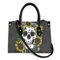 Women's handbag featuring gothic skull and sunflower digital print with golden rivets - Sunflower Skull - Black Strap