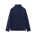 Achteraanzicht van een donkerblauwe korte jas met dubbele rij knopen en een opstaande kraag - S / Marineblauw
