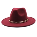 Detail of burgundy wool fedora hat featuring a stylish gold metal chain decoration - M (56-58cm) / Burgundy