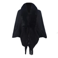 Elegant black knit poncho with luxurious faux fur collar and decorative fringe hem detail - Black