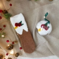 Brown coral fleece Christmas socks with 3D red berries in a transparent gift ball ornament - Brown White Gift